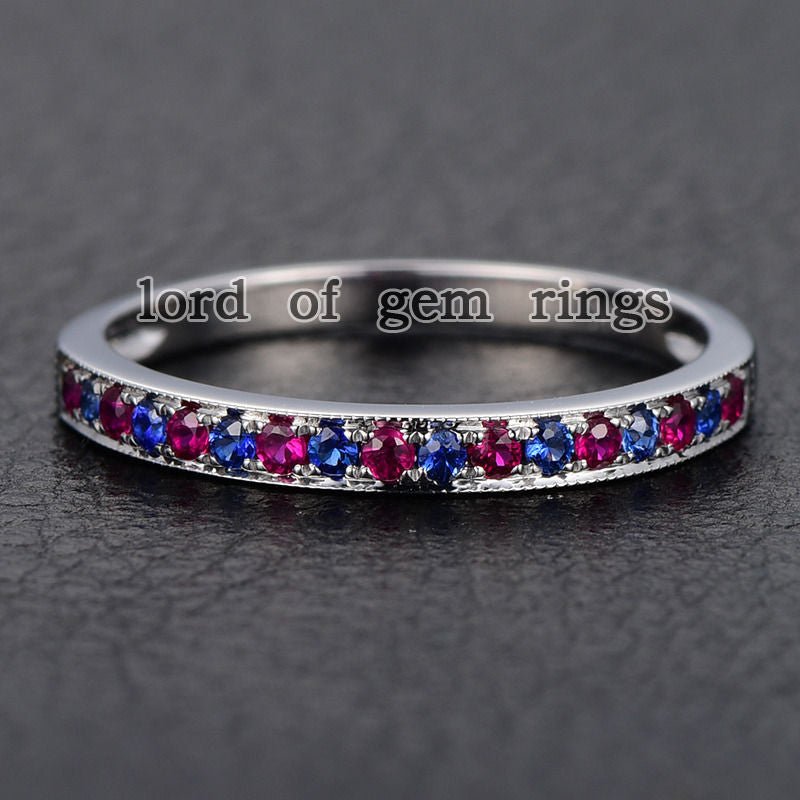 Reserved for Promise: Pave Ruby/Sapphire Wedding Band Half Eternity Anniversary Ring 14K White Gold - Lord of Gem Rings