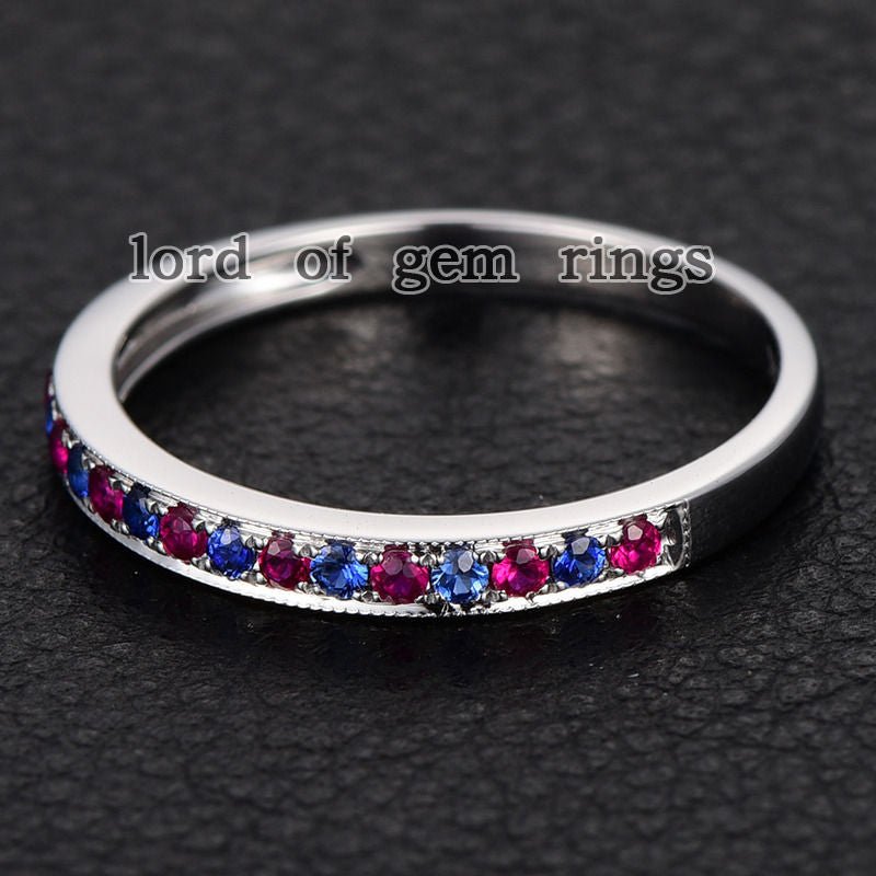 Reserved for Promise: Pave Ruby/Sapphire Wedding Band Half Eternity Anniversary Ring 14K White Gold - Lord of Gem Rings