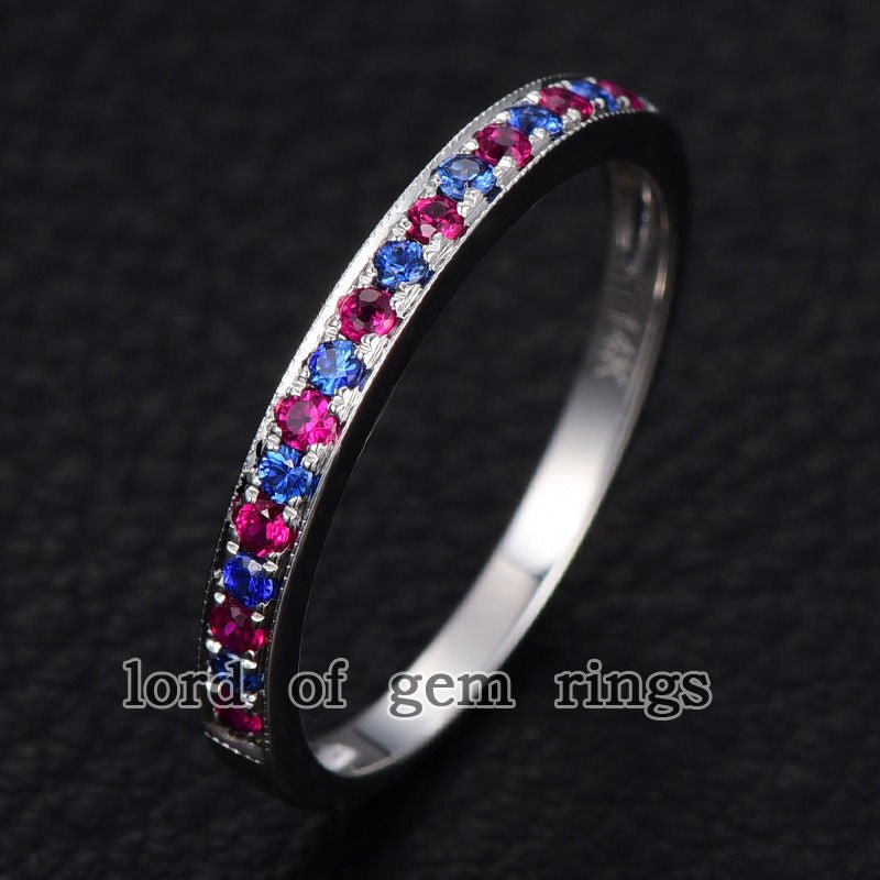 Reserved for Promise: Pave Ruby/Sapphire Wedding Band Half Eternity Anniversary Ring 14K White Gold - Lord of Gem Rings