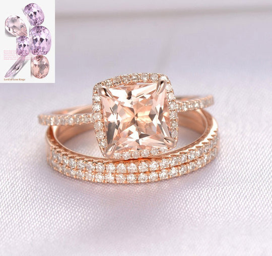 Reserved for punkyprincess666  Princess Morganite Engagement Ring 14K Rose Gold,Cushion Halo