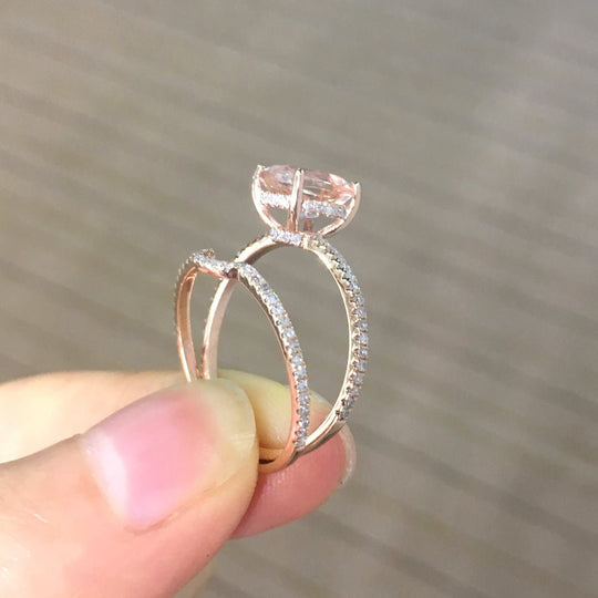 Reserved for Rebecca Oval Morganite Ring Bridal Set 14K Rose Gold