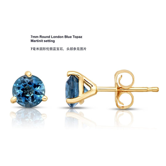 Reserved for Rob: 7mm Round London Blue Topaz Earrings 14k White Gold, Martini Cocktail Style, Friction Post