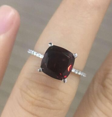 Reserved for Rosie Cushion Garnet Ring Pave Moissanite Shank 14K White Gold,8mm