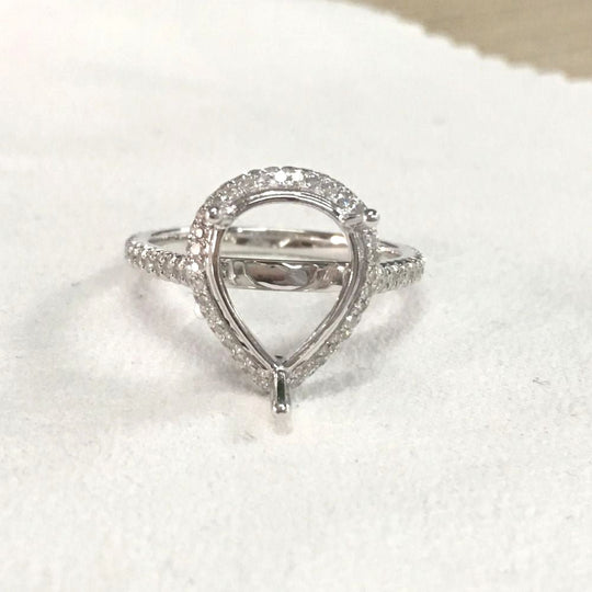 Reserved for Samantha, 1st payment,  Two side Diamond halo Semi Mount Cathedral Ring 14K White Gold for Pear