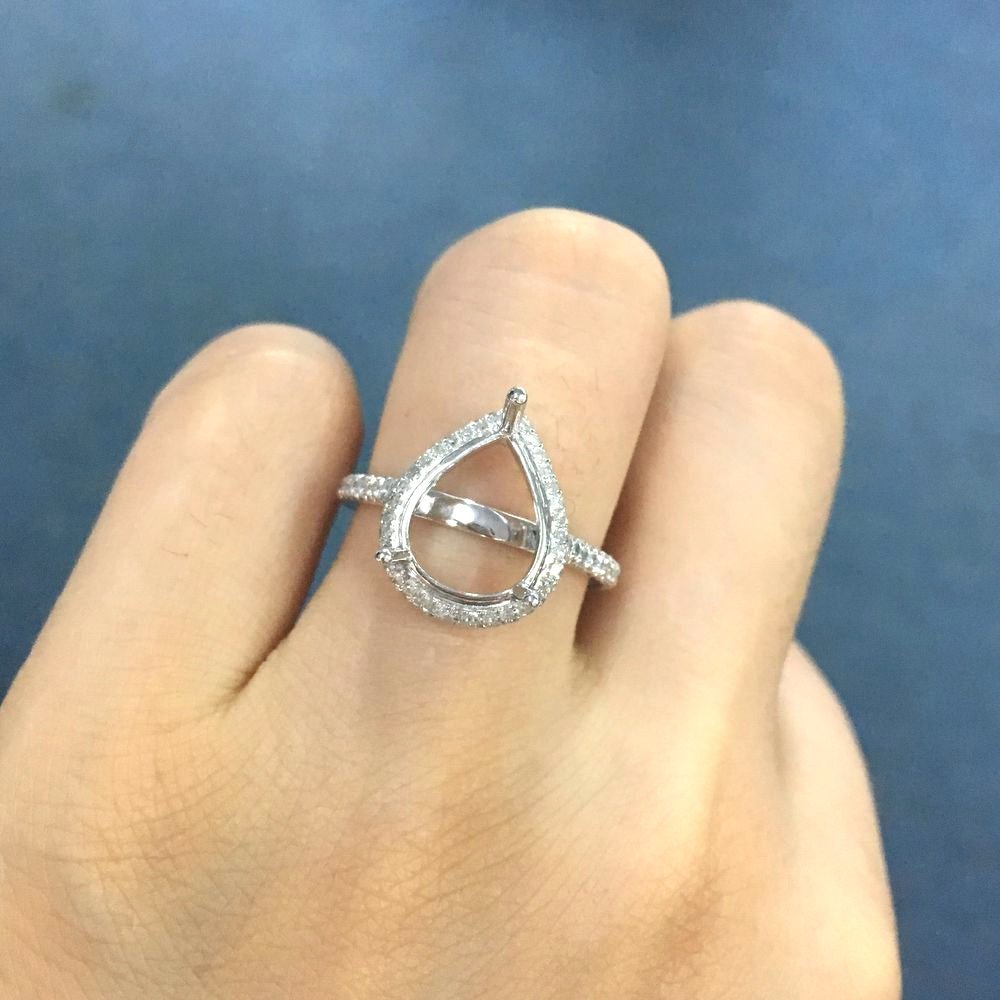 Reserved for Samantha, 1st payment, Two side Diamond halo Semi Mount Cathedral Ring 14K White Gold for Pear - Lord of Gem Rings