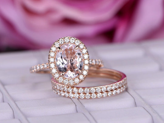 Reserved for Sara Oval Morganite Engagement Ring Trio Set Pave 1.5mm Diamonds 14K Rose Gold