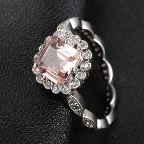 Reserved for Scott Chevron Tiara Matching Band Asscher Morganite Ring 14K Rose Gold - Lord of Gem Rings