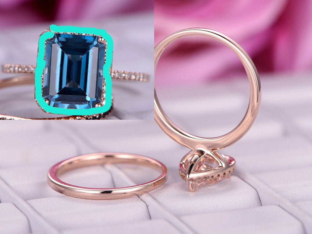 Reserved for shani Emerald Cut London Blue Topaz Ring Bridal Set Emerald Halo14K Rose Gold - Lord of Gem Rings