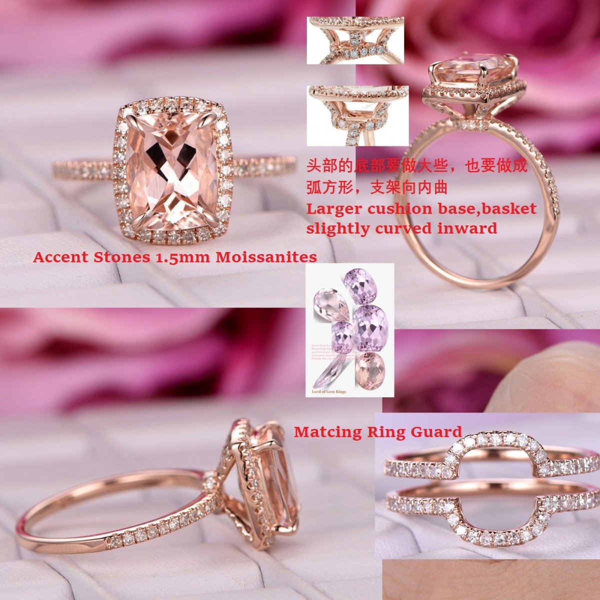 Reserved for sonya Custom Cushion Morganite Ring Forever-Togther Set 10K Rose Gold - Lord of Gem Rings