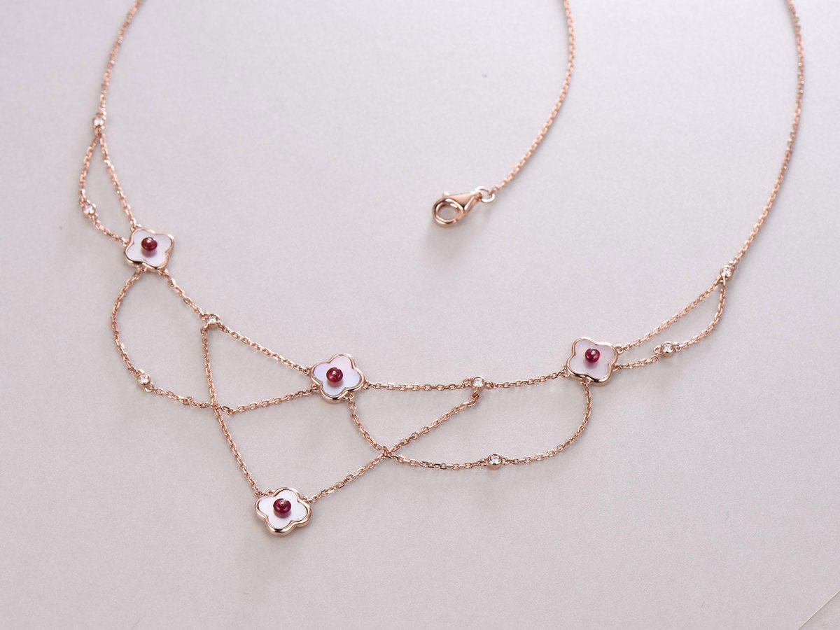Reserved for Stephanie 14K Rose Gold Ruby Clover Necklace - Lord of Gem Rings
