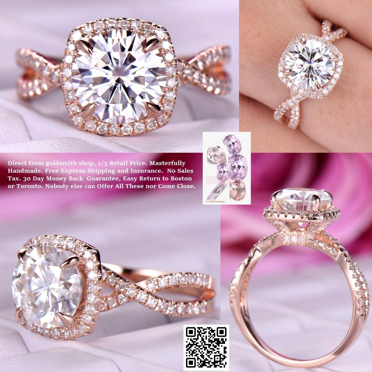 Reserved for Stephen Round Moissanite Ring Bridal Set Diamond Infinite Love Shank 14K Rose Gold 7.5mm - Lord of Gem Rings