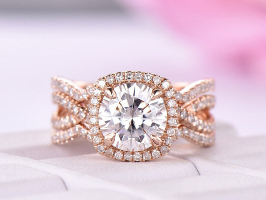 Reserved for Stephen Round Moissanite Ring Bridal Set Diamond Infinite Love Shank 14K Rose Gold 7.5mm