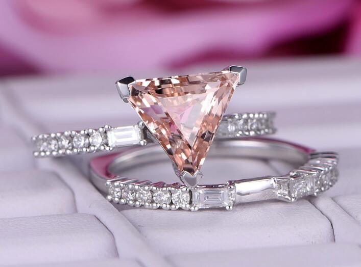 Reserved for steven Straight Trilllion 4th payment Peach Morganite Engagement Ring 14K White Gold - Lord of Gem Rings
