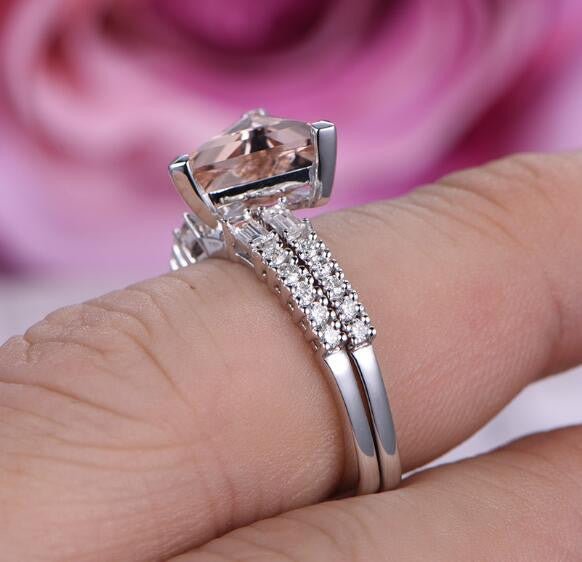 Reserved for steven Straight Trilllion 4th payment Peach Morganite Engagement Ring 14K White Gold - Lord of Gem Rings