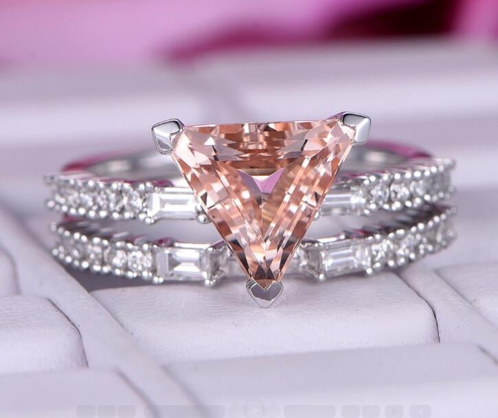 Reserved for steven Straight Trilllion 4th payment Peach Morganite Engagement Ring 14K White Gold - Lord of Gem Rings