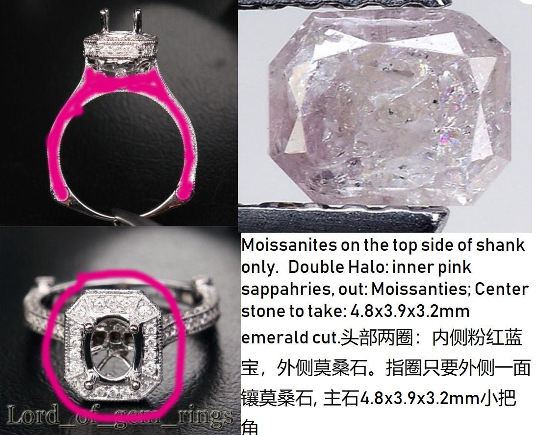 Reserved for Tasha Amethyst moissannite Double Halo Semi Mount Ring 14K Rose Gold Emerald Cut - Lord of Gem Rings