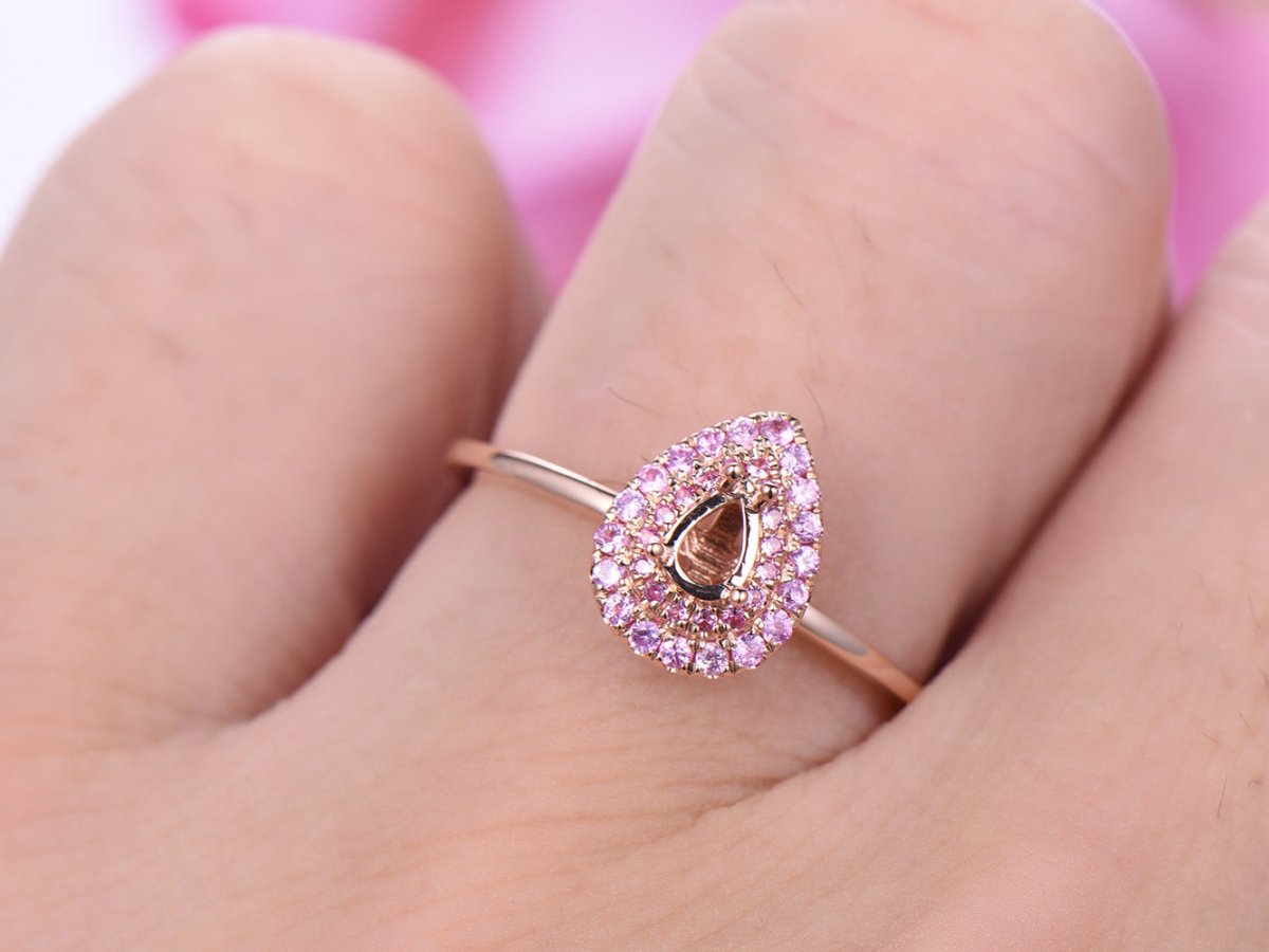 Reserved for Tasha payments for pink sapphir Double Halo Semi Mount Ring 14K Rose Gold Pear - Lord of Gem Rings