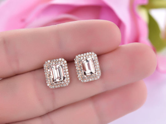 Reserved for Terra: A Pair of Emerald Cut Morganite Earrings with Diamond Double Halo 14K Rose Gold 5x7mm
