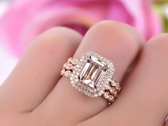 Reserved for Terra Emerald Cut Morganite Ring Trio Set Diamond Double Halo 14K Rose Gold 7x9mm