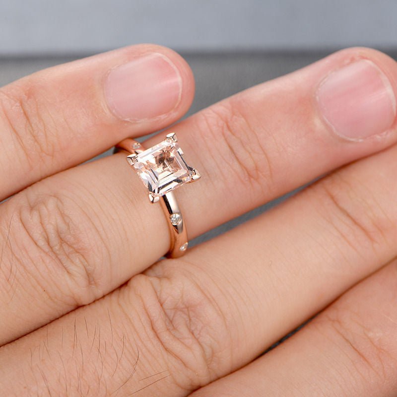 Reserved for torbranc Custom Princess Morganite Ring Accent Moissanite 14K Rose Gold - Lord of Gem Rings