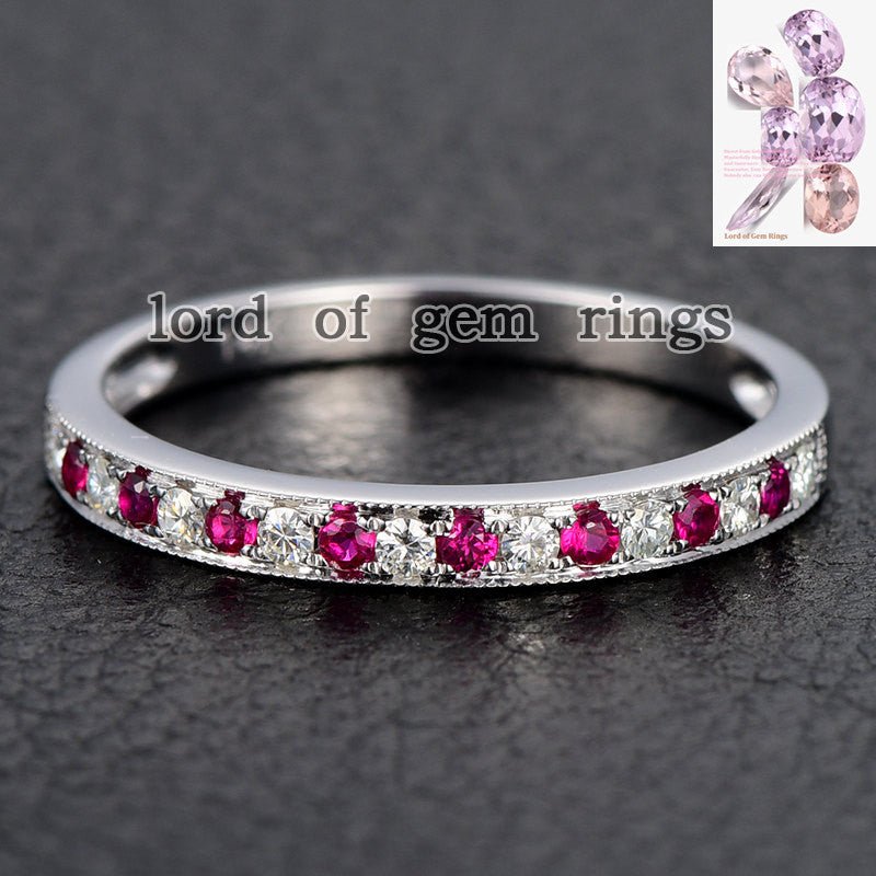 Reserved for Trina - Moissanite Ruby Wedding Band Half Eternity Anniversary Ring 14K Yellow Gold - Lord of Gem Rings