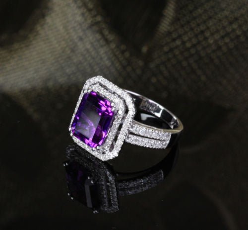 Reserved for will Emerald Cut Amethyst Engagement Ring Pave Diamond Wedding 14k White Gold - Lord of Gem Rings