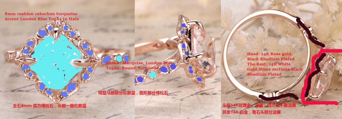 Reserved for Winter Custom oval cabochon turquoise Cathedral Ring 14K Rose Gold Art Nouveau 7x9mm - Lord of Gem Rings