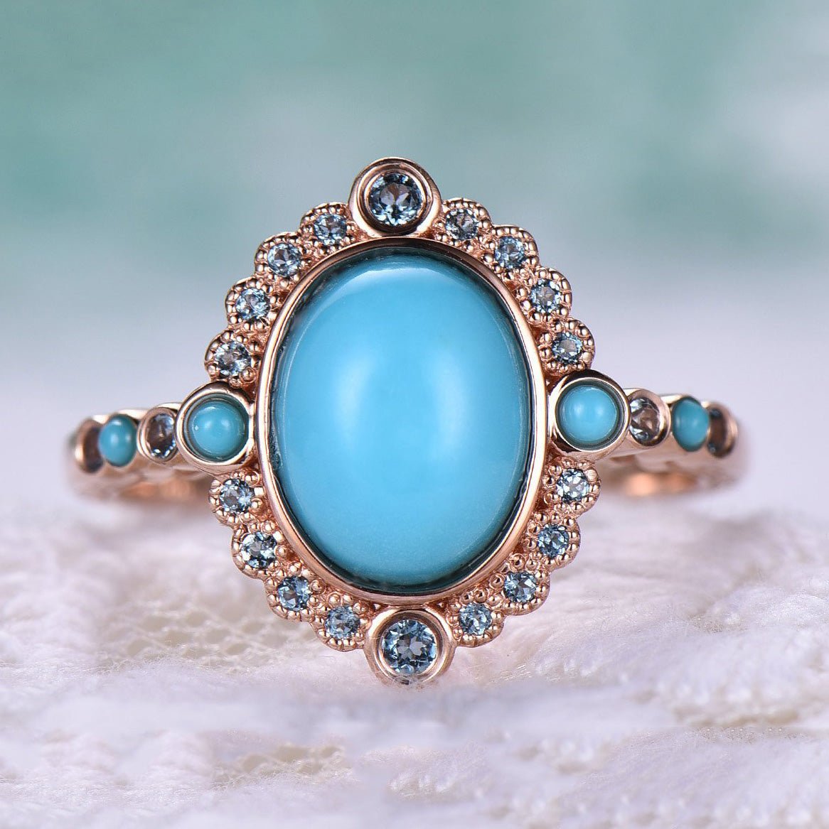 Reserved for Winter Custom oval cabochon turquoise Cathedral Ring 14K Rose Gold Art Nouveau 7x9mm - Lord of Gem Rings