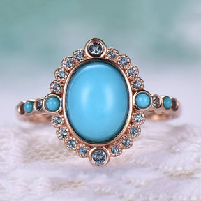 Reserved for Winter Custom oval cabochon turquoise Cathedral Ring 14K Rose Gold Art Nouveau 7x9mm - Lord of Gem Rings