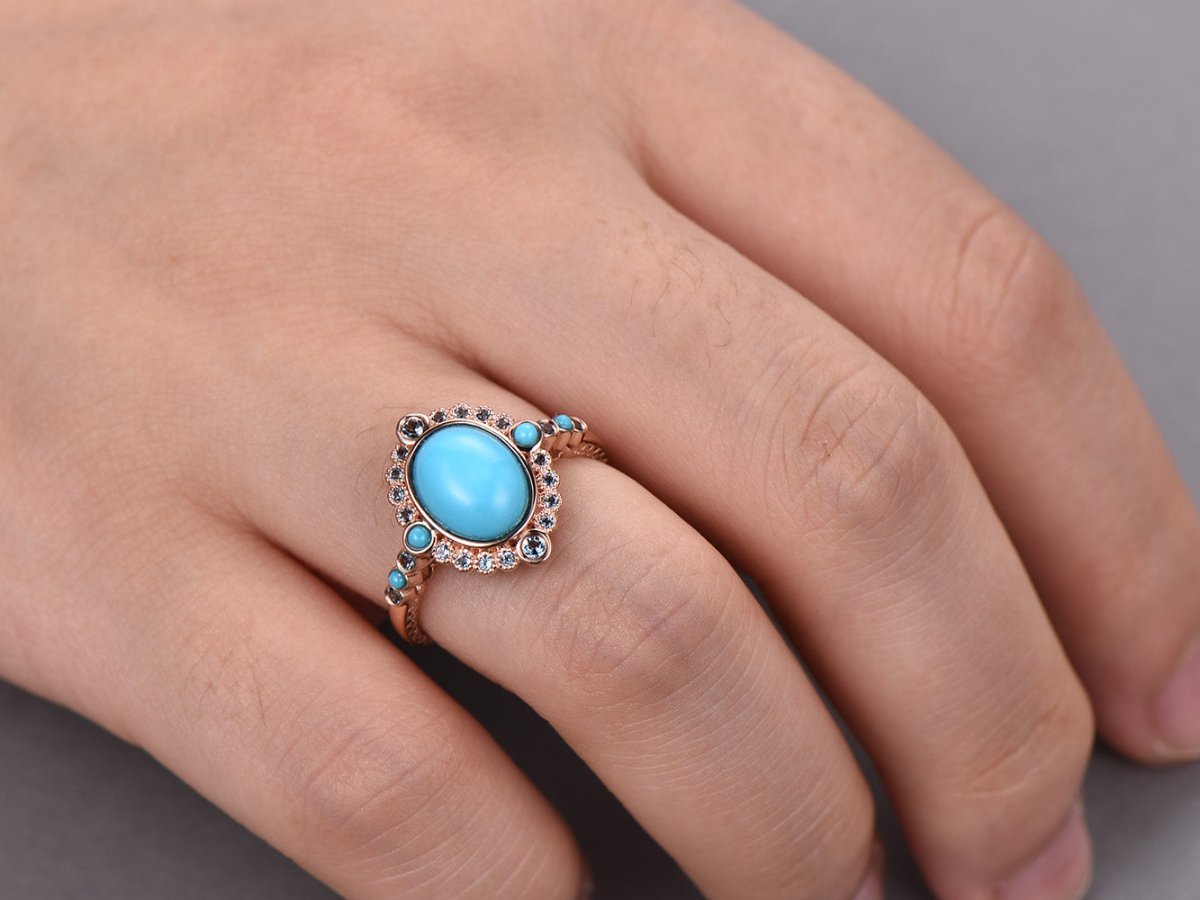Reserved for Winter Custom oval cabochon turquoise Cathedral Ring 14K Rose Gold Art Nouveau 7x9mm - Lord of Gem Rings
