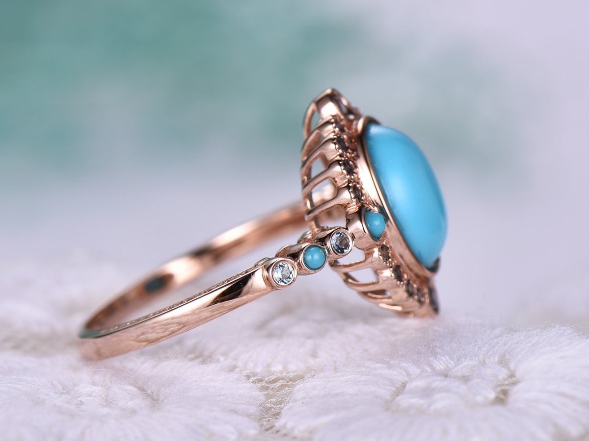 Reserved for Winter Custom oval cabochon turquoise Cathedral Ring 14K Rose Gold Art Nouveau 7x9mm - Lord of Gem Rings