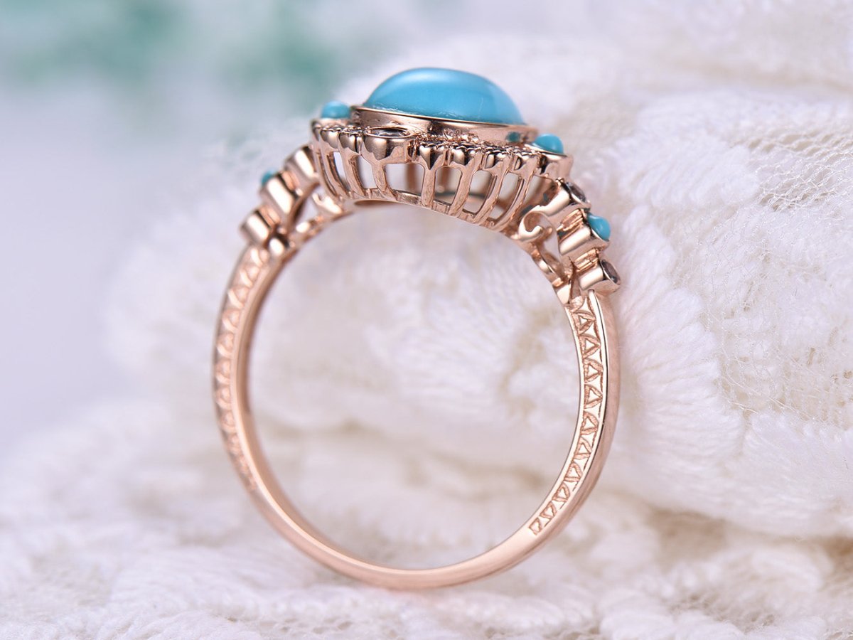 Reserved for Winter Custom oval cabochon turquoise Cathedral Ring 14K Rose Gold Art Nouveau 7x9mm - Lord of Gem Rings