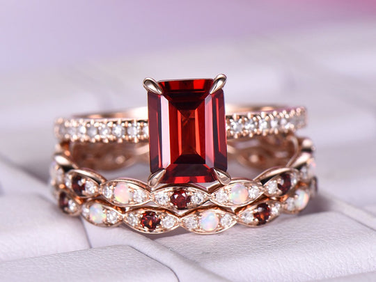 Reserved for Zack Emerald Cut Garnet Ring Trio Sets Opal/Garnet Matching Bands14K Rose Gold