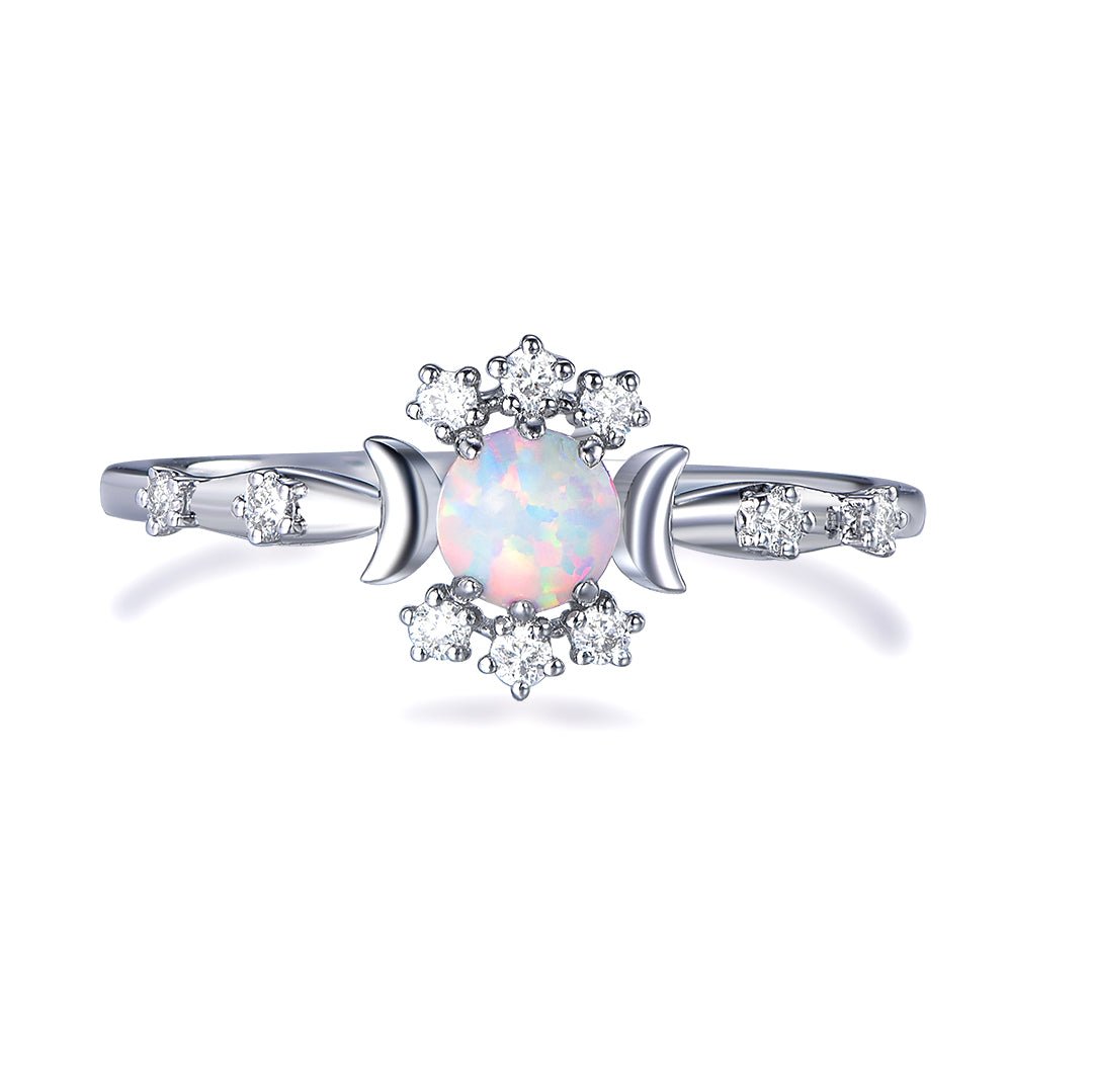 Round Africa Opal Diamond Vintage Engagement Ring 14K White Gold - Lord of Gem Rings