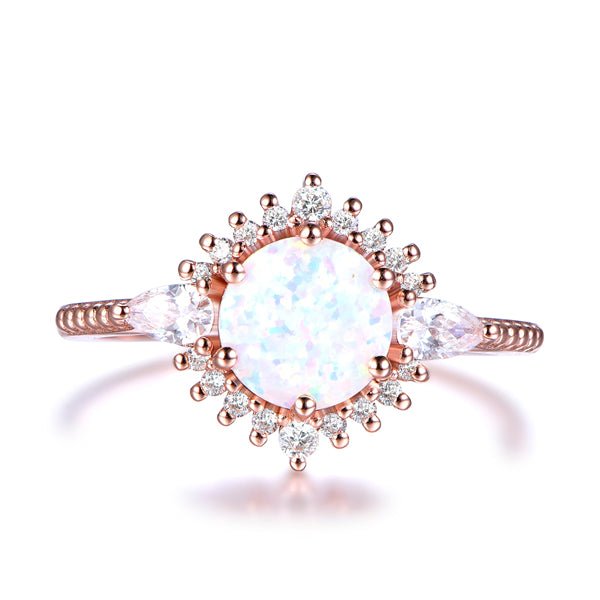 Round Africa Opal Pear Diamond Floral Engagement Ring - Lord of Gem Rings