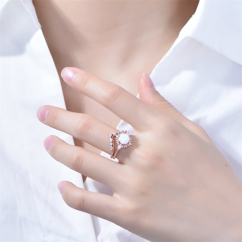 Round Africa Opal Ring Tiara Chevron Diamond Wedding Bridal Set - Lord of Gem Rings