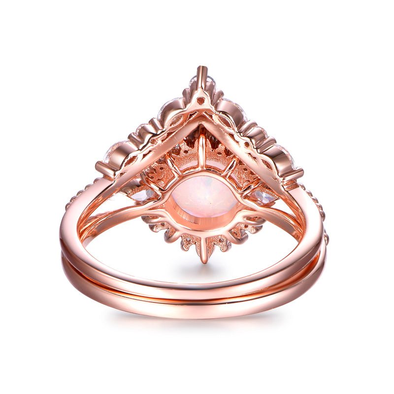 Round Africa Opal Ring Tiara Chevron Diamond Wedding Bridal Set - Lord of Gem Rings