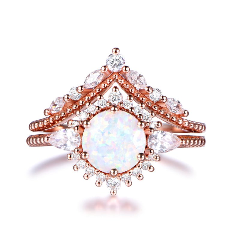 Round Africa Opal Ring Tiara Chevron Diamond Wedding Bridal Set - Lord of Gem Rings