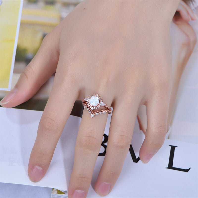 Round Africa Opal Ring Tiara Chevron Diamond Wedding Bridal Set - Lord of Gem Rings