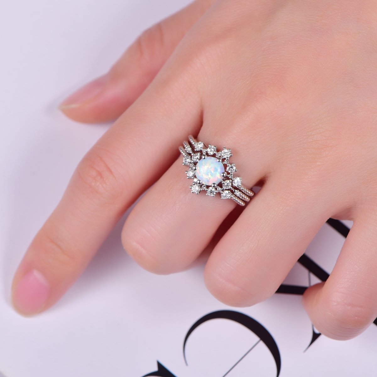 Round Africa Opal Ring Tiara Curve Diamond Band Trio Bridal Set - Lord of Gem Rings