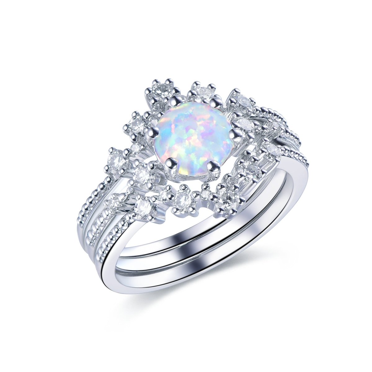 Round Africa Opal Ring Tiara Curve Diamond Band Trio Bridal Set - Lord of Gem Rings