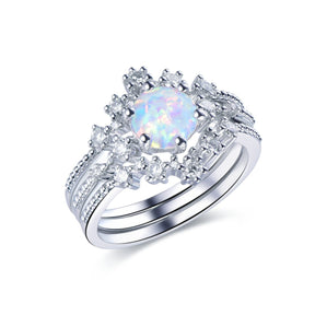 Round Africa Opal Ring Tiara Curve Diamond Band Trio Bridal Set - Lord of Gem Rings