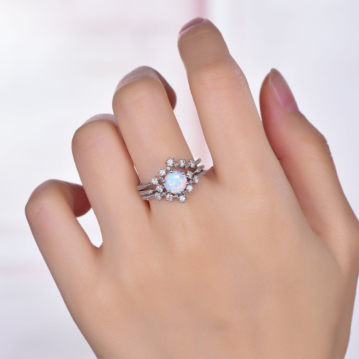 Round Africa Opal Ring Tiara Curve Diamond Band Trio Bridal Set - Lord of Gem Rings
