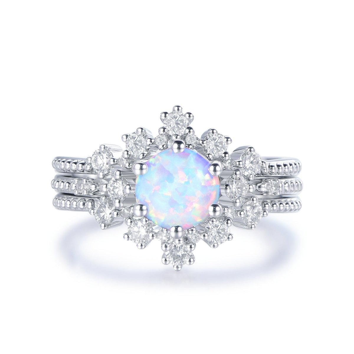 Round Africa Opal Ring Tiara Curve Diamond Band Trio Bridal Set - Lord of Gem Rings