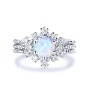 Round Africa Opal Ring Tiara Curve Diamond Band Trio Bridal Set - Lord of Gem Rings