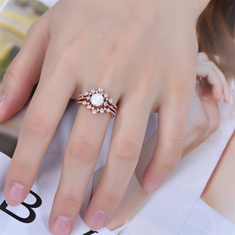Round Africa Opal Ring Tiara Curve Diamond Band Trio Bridal Set - Lord of Gem Rings