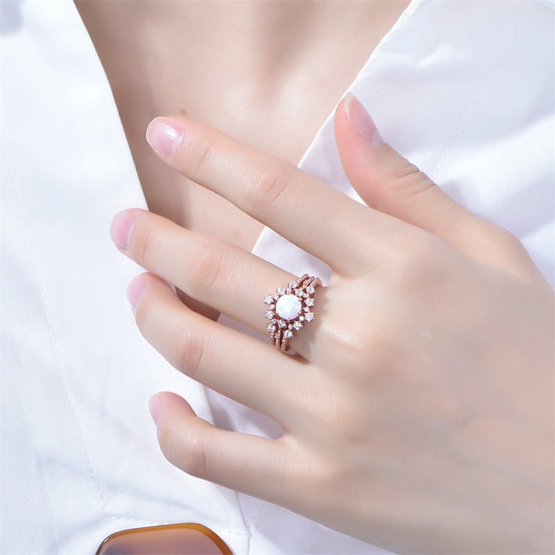 Round Africa Opal Ring Tiara Curve Diamond Band Trio Bridal Set - Lord of Gem Rings