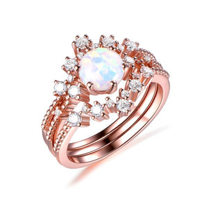 Round Africa Opal Ring Tiara Curve Diamond Band Trio Bridal Set - Lord of Gem Rings