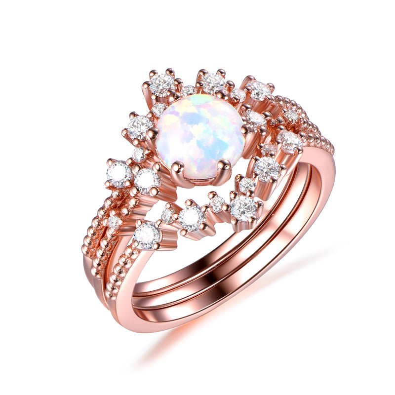 Round Africa Opal Ring Tiara Curve Diamond Band Trio Bridal Set - Lord of Gem Rings