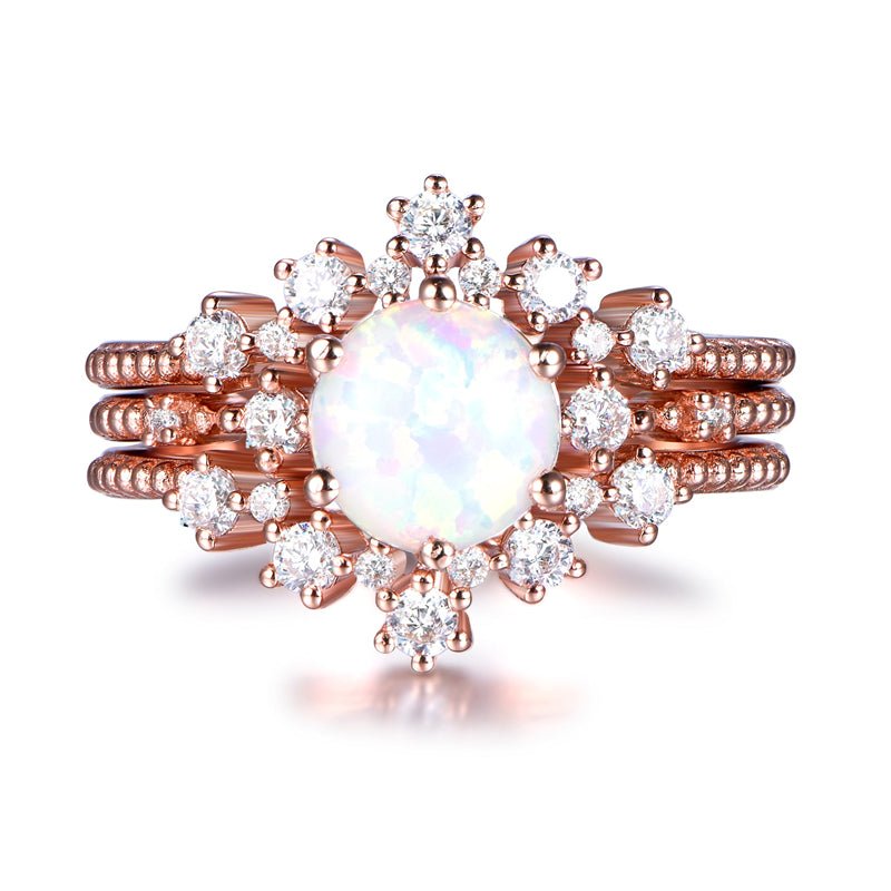 Round Africa Opal Ring Tiara Curve Diamond Band Trio Bridal Set - Lord of Gem Rings